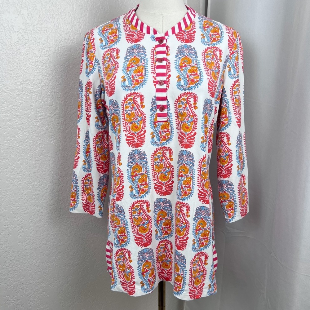 J Mclaughlin Top Womens Medium Paisley Catalina Cloth Henley Tunic Nautical Prep